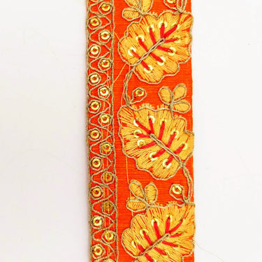 Orange Trim with Floral Embroidery Beige Embroidered Leaves Trim, Decorative Trim, Indian Border